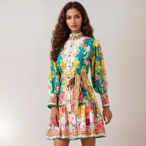 Dalia MacPhee XL Green Floral Baroque Cottagecore Drop Waist Belted Dress NWT